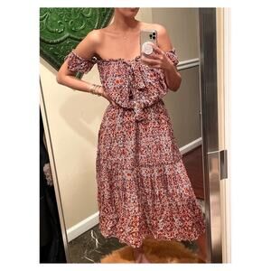 Misa Los Angeles Floral Off Shoulder Mid Length Dress RARE Find